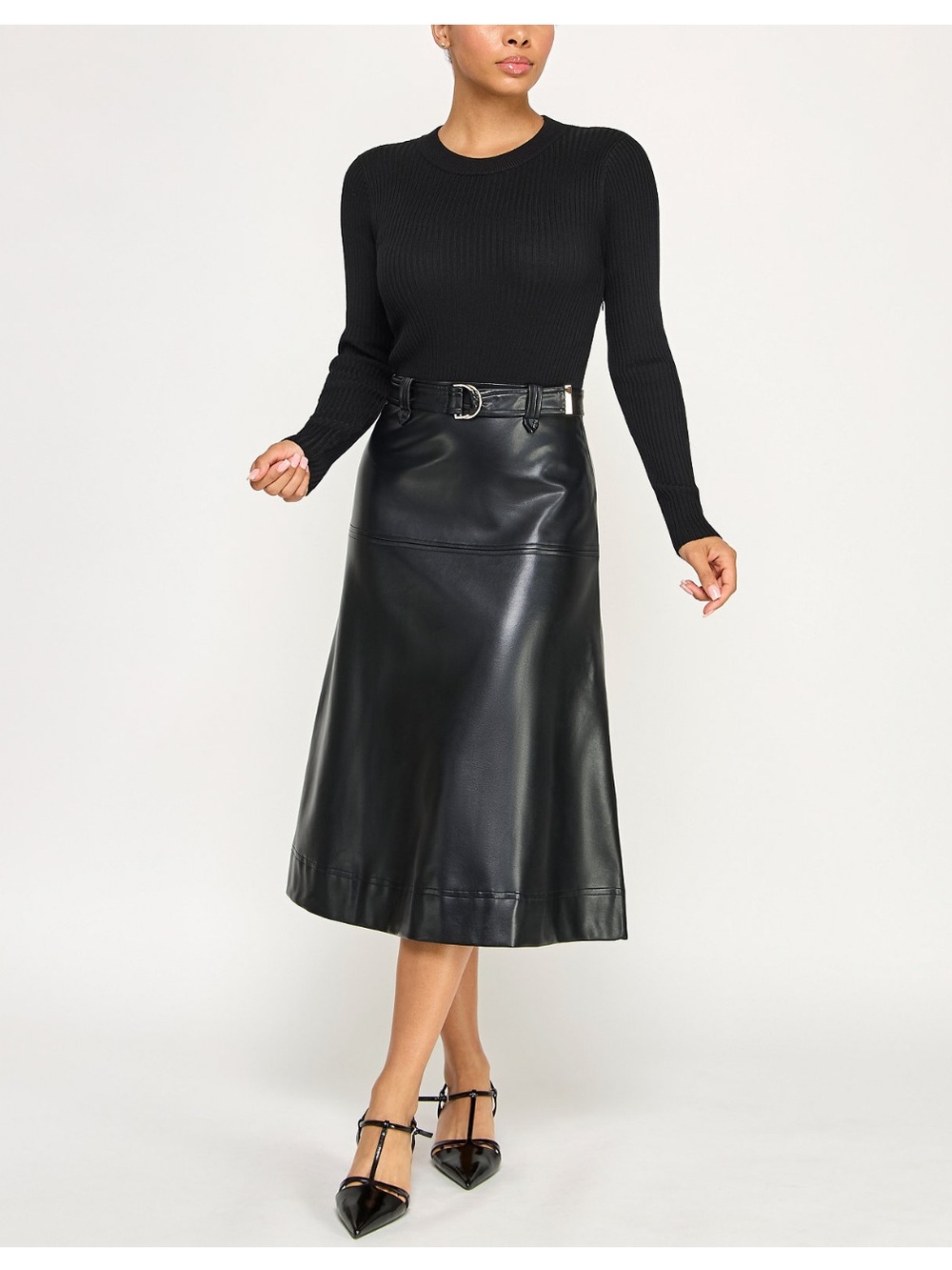 Black Long Sleeve Ribbed Knit & Faux Leather Midi Dress